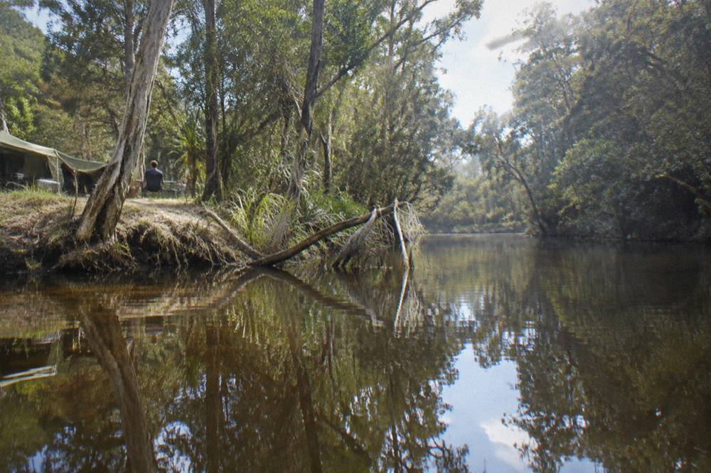 Mirror calm tannin water between narrow banks with dense trees reflected on the surface