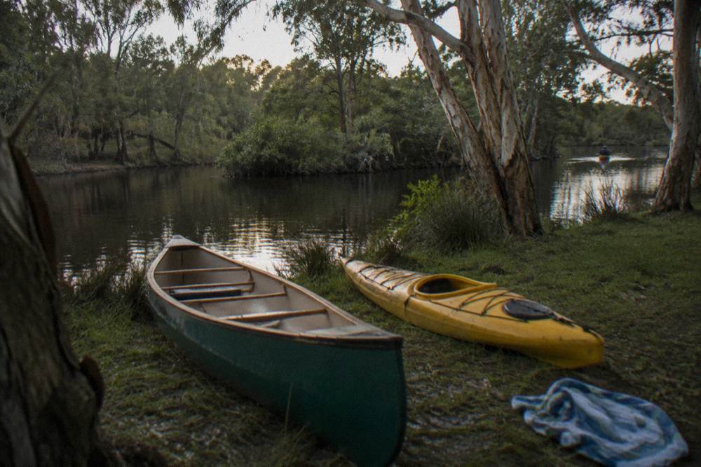 A canoe and kayak resting on a grassy bank beside dark river water under tall trees