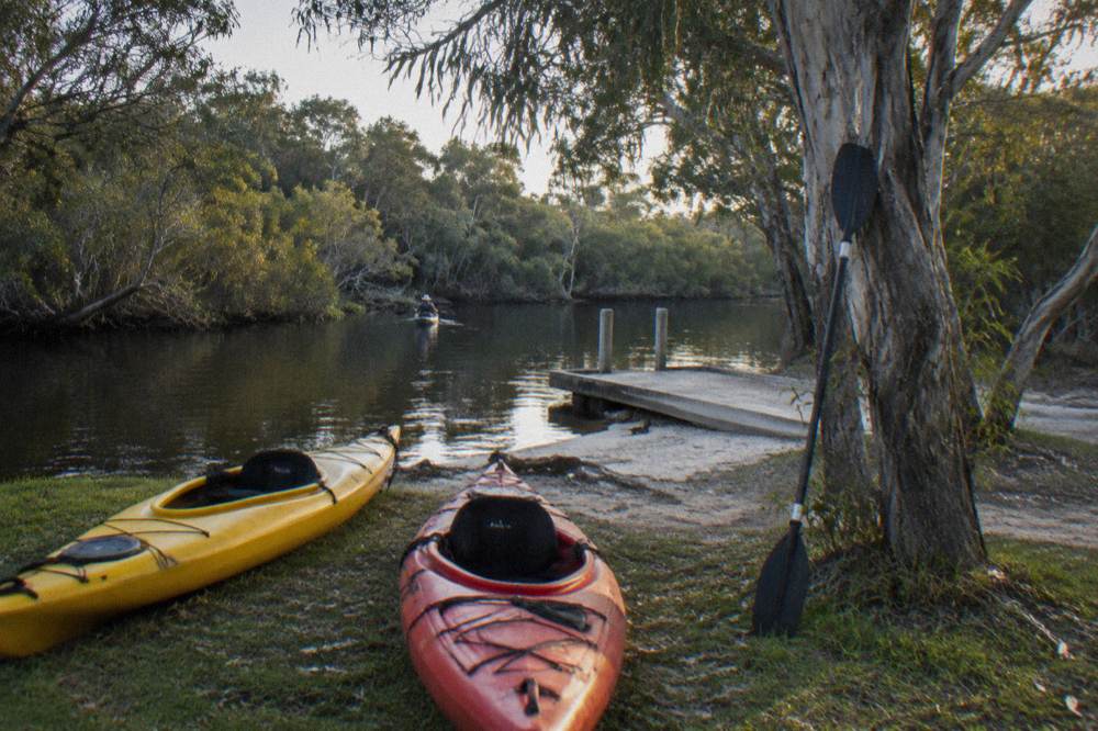 Kayaks resting on a grassy bank beside dark river water at the Elanda Point launch area