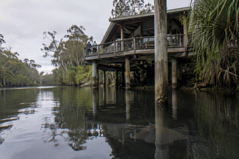 Timber information centre building on stilts above calm dark river water