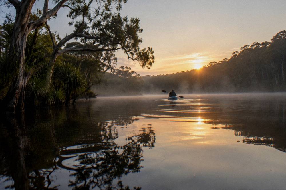 Paddler in a kayak on glassy dark water between forested banks