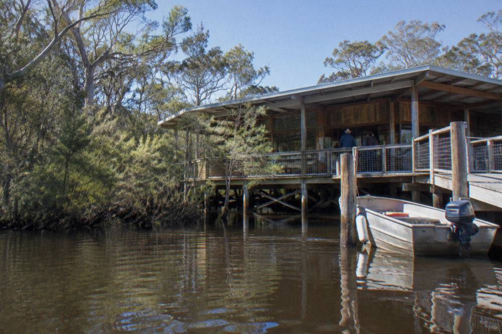 Low timber building on stilts above calm brown water, surrounded by paperbark forest at the edge of a lake
