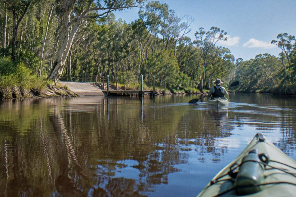 Kayak paddler on dark reflective water between forested banks
