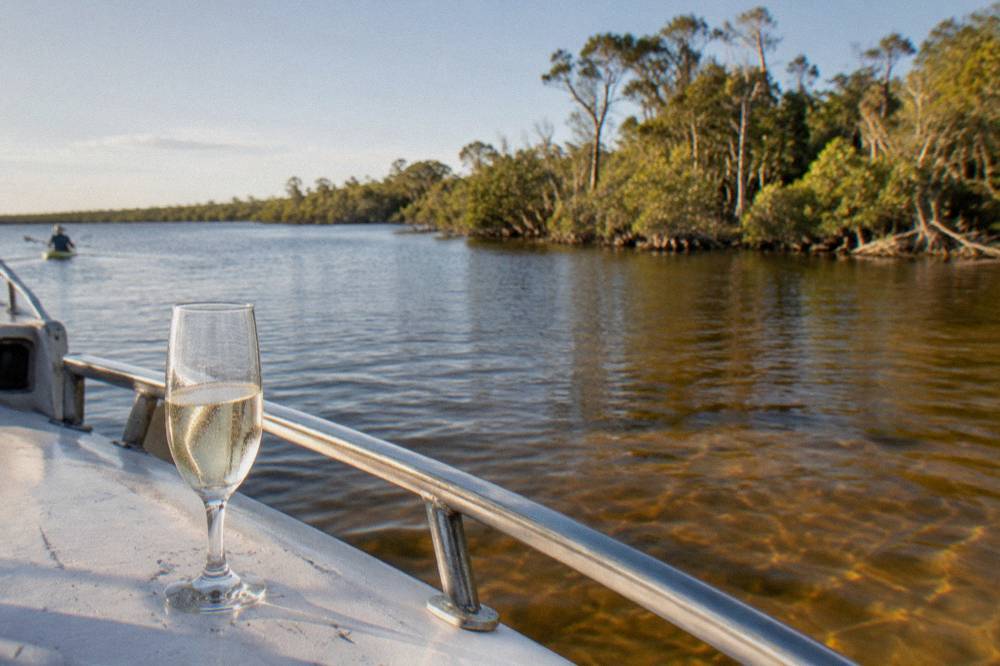 A glass of sparkling wine on a boat deck with dark river water and forest in the background
