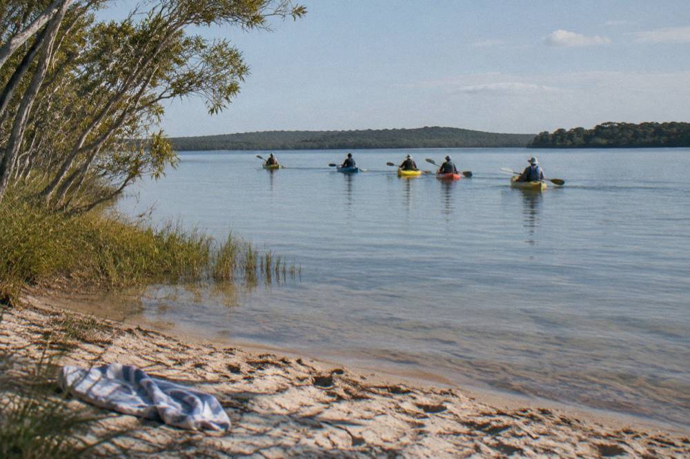 a guided group of kayaks paddling across a wide calm lake at morning