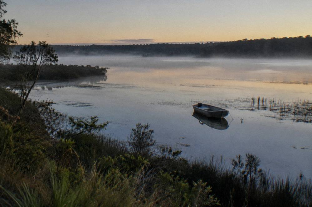 morning mist over a wide shallow lake with distant dark treeline
