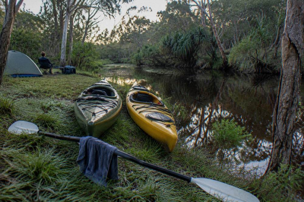 Kayaks pulled up on a grassy bank beside a dark river channel