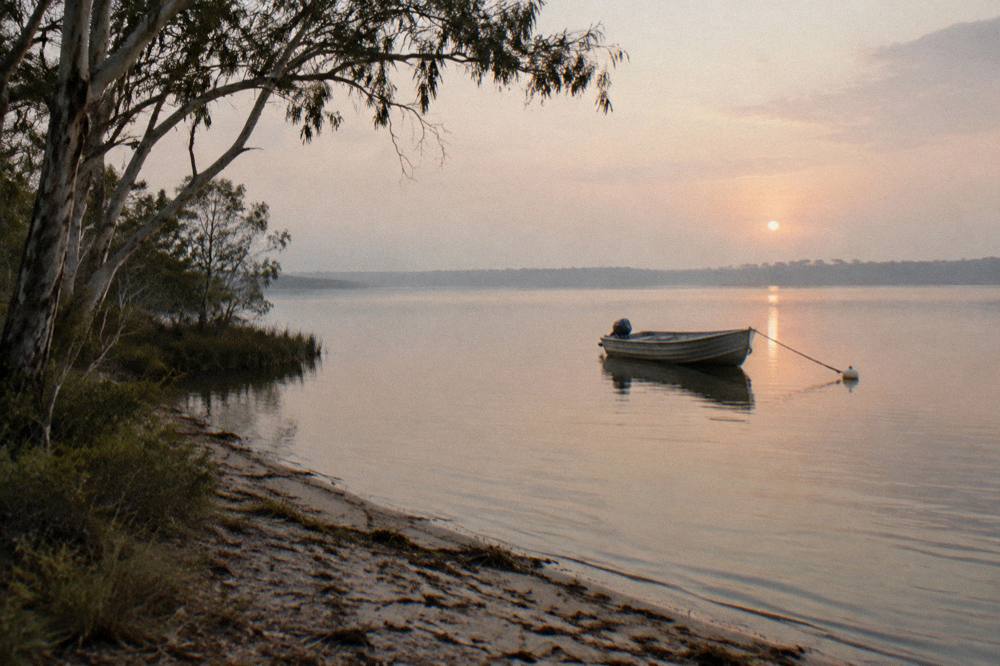 Wide shallow lake water under a pale morning sky with distant treeline