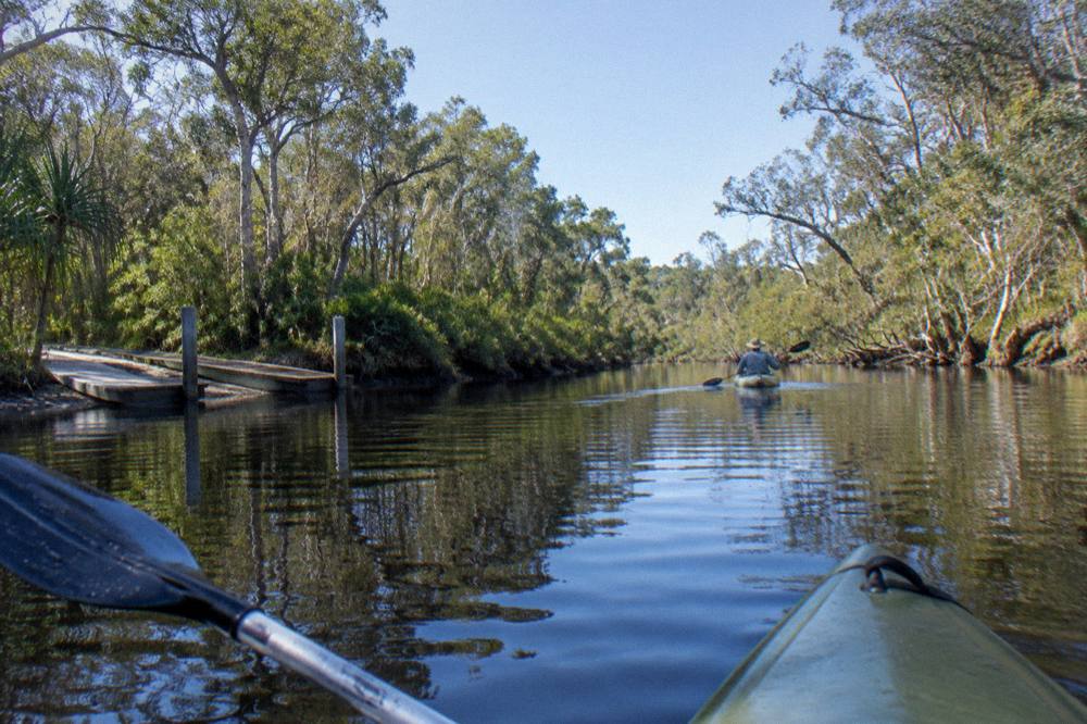 Kayak gliding across dark reflective water between forested banks