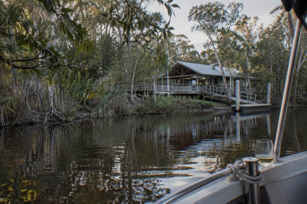 Quiet river channel with dark water and overhanging trees